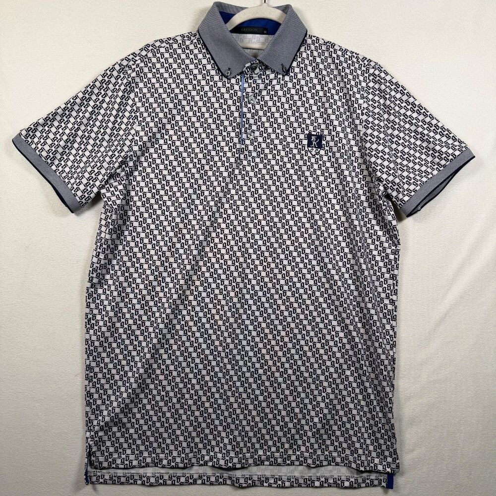 Greyson Polo Mens Medium White Blue G Pattern Golf Shirt Stretch